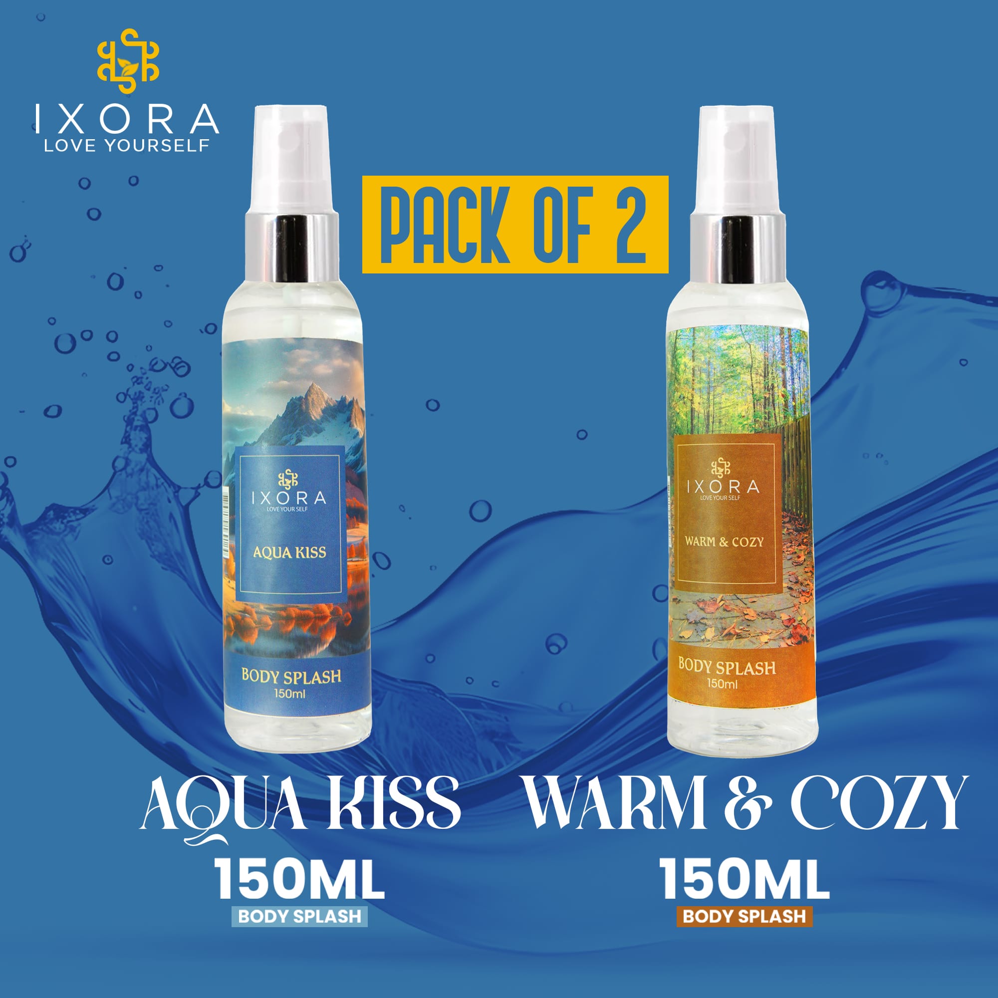 IXORA | Aqua Kiss / Warm & Cozy Pack of 2 Body Mist Perfume 150 ML